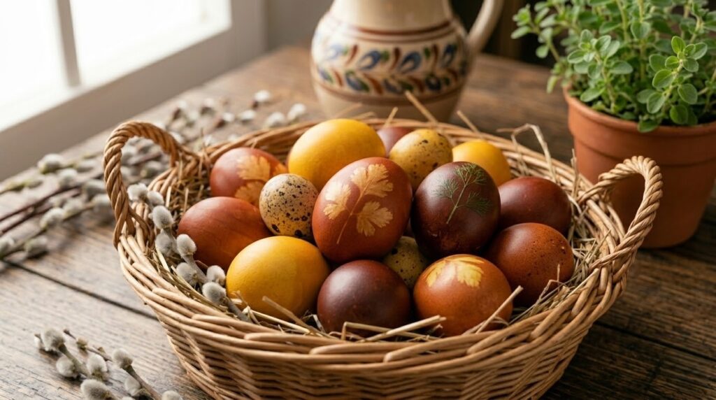 Кошик з яскраво-коричневими та золотистими крашанками, прикрашений вербовими котиками на дерев'яному столі