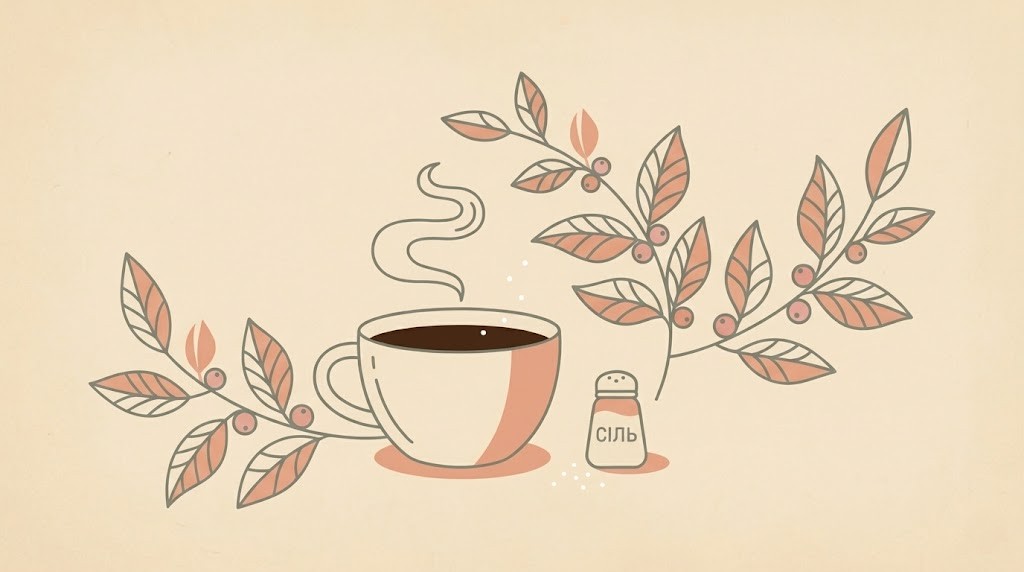 Flat-ілюстрація чашки гарячої кави з парою та сільнички на кремовому фоні у затишному стилі.