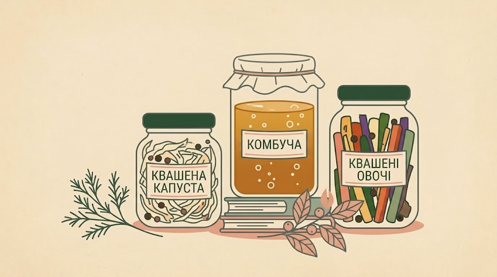 Горизонтальна flat-ілюстрація скляних баночок з квашеною капустою, комбучею та овочами на світлому бежевому фоні.
