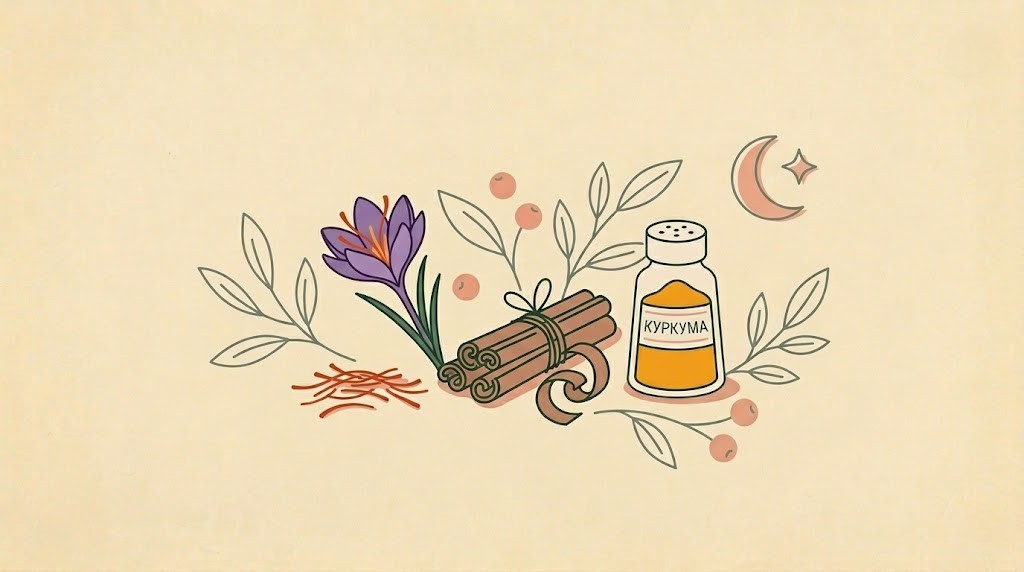 Горизонтальна flat-ілюстрація дерев'яних ложок зі спеціями, паличок кориці та квітки шафрану на кремовому фоні.