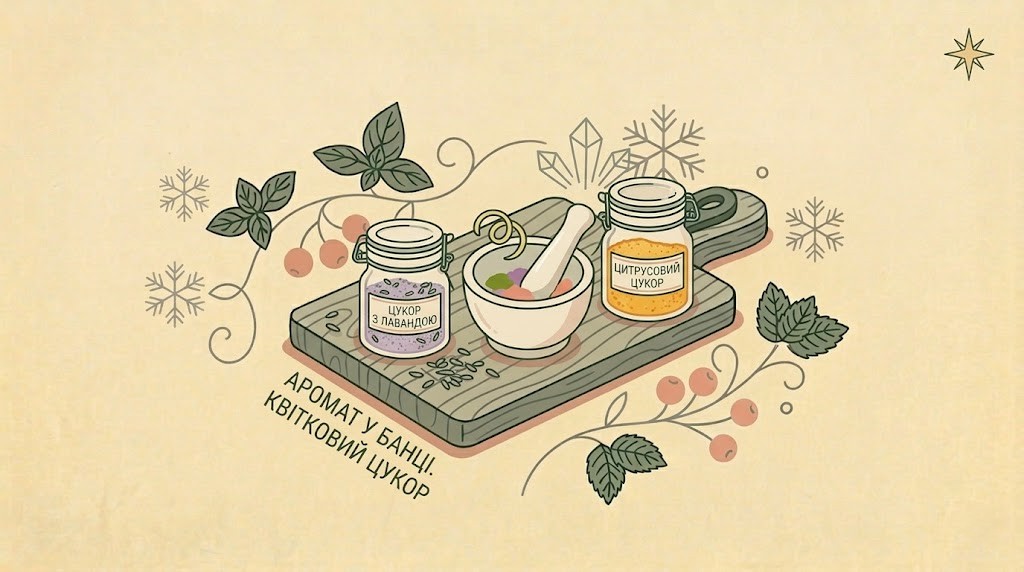 Горизонтальна flat-ілюстрація скляних баночок з кольоровим цукром, гілочками лаванди та хвої на бежевому фоні.