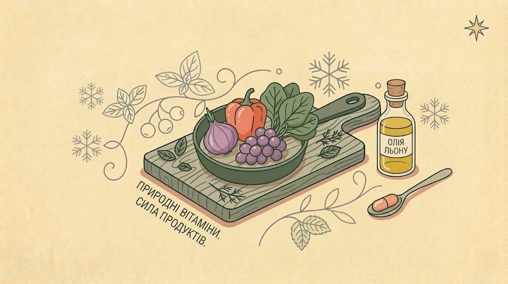 Горизонтальна flat-ілюстрація стилізованих овочів, фруктів, баночки з олією та ложки на світлому бежевому фоні.