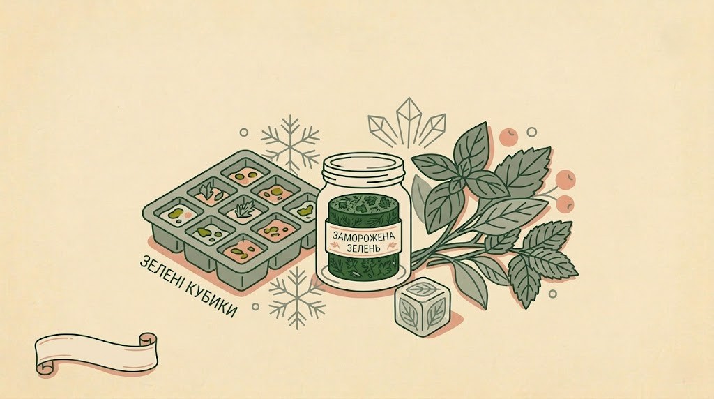 Горизонтальна flat-ілюстрація скляних баночок та силіконових форм із замороженою зеленню в кубиках льоду та олії на кремовому фоні.