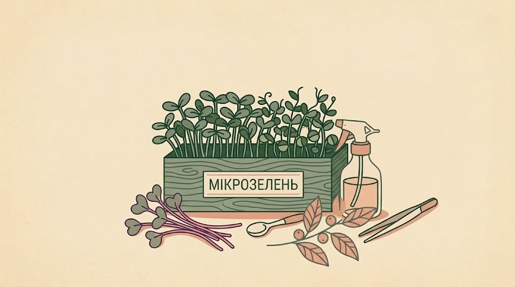 Горизонтальна flat-ілюстрація дерев'яного лотка з маленькими зеленими паростками мікрозелені на світлому бежевому фоні.