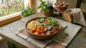 Яскравий боул у керамічній мисці: сектори булгуру, помаранчевого гарбуза, блискучої курки теріякі та свіжої зелені на вишитому рушнику