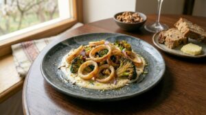 Кільця кальмара у вершковому соусі з яскравими суцвіттями броколі в керамічній глибокій тарілці на вишитому рушнику