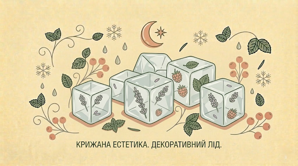 Горизонтальна flat-ілюстрація великих кубиків льоду, всередині яких заморожені квіти лаванди, ягоди малини та листя м'яти, на бежевому фоні.