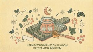 Горизонтальна flat-ілюстрація скляної баночки з медом та зубчиками часнику всередині, ложки з медом, гілочок розмарину на світлому бежевому фоні.