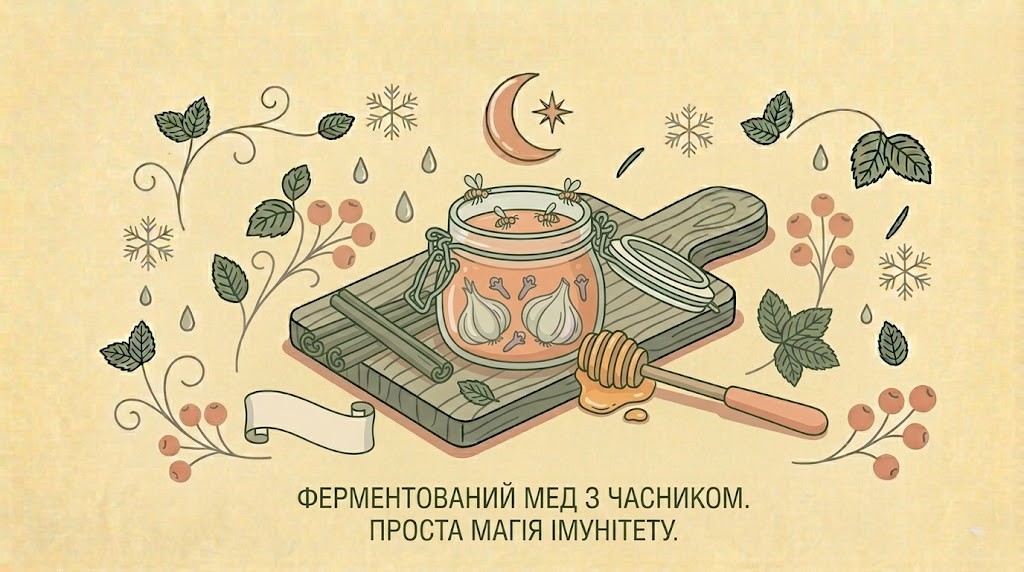 Горизонтальна flat-ілюстрація скляної баночки з медом та зубчиками часнику всередині, ложки з медом, гілочок розмарину на світлому бежевому фоні.