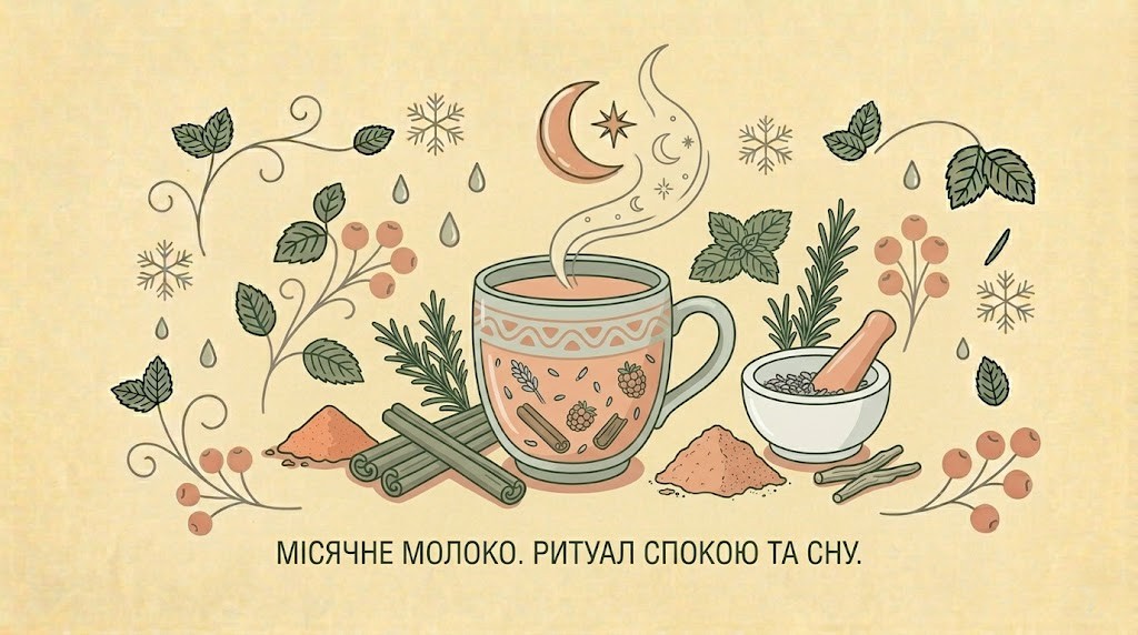 Горизонтальна flat-ілюстрація чашки з кольоровим молоком, з якої йде легка пара, поруч палички кориці та квіти лаванди на бежевому фоні.